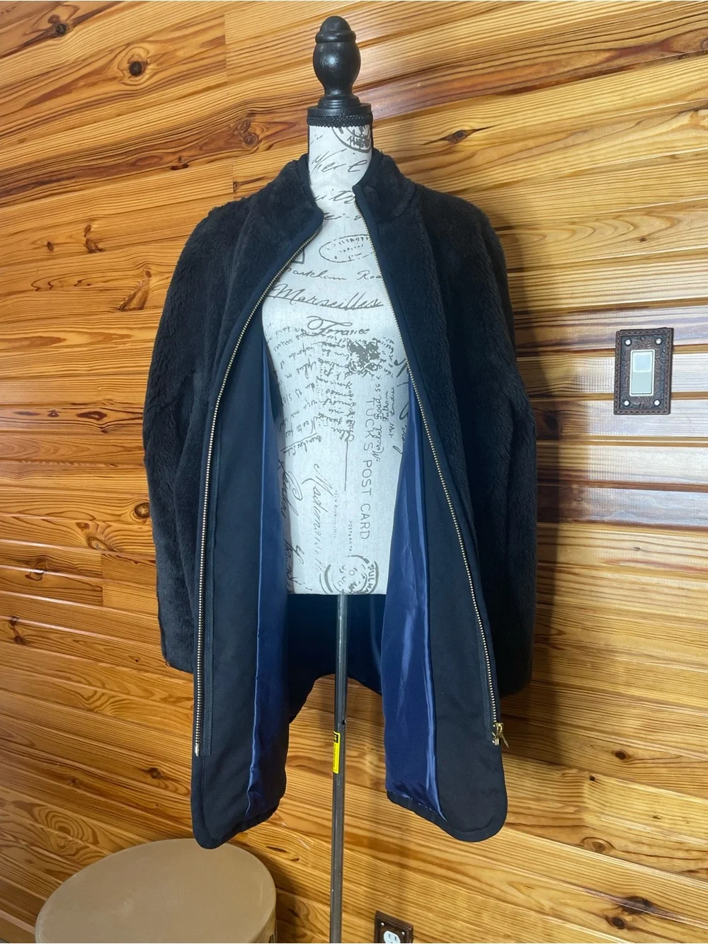 J. Crew Black Teddy Sherpa Jacket with Navy Satin Lining